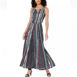 STYLE & CO Floral Garden Stripes Print Split Neck Sleeveless Maxi Dress SIZE: L